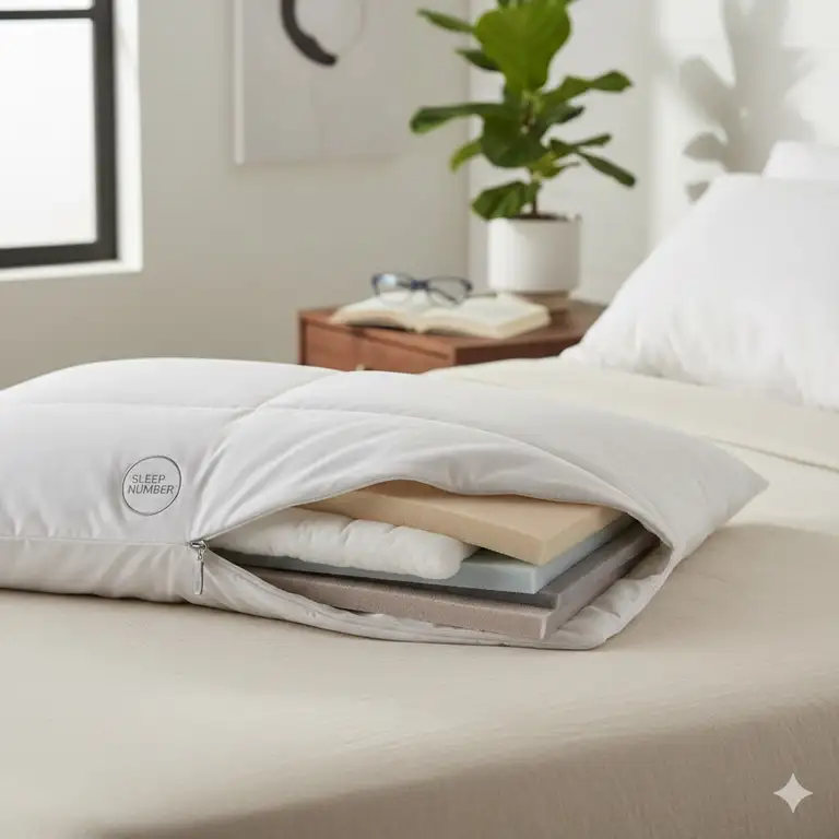 A close-up shot of the Sleep Number pillow adjustable loft on a bed, highlighting its customizable design for all sleeping positions.
