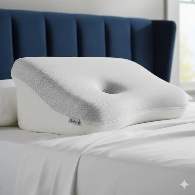 A close-up shot of a Tempur-Pedic pillow side sleeper, showing its contour shape and memory foam material.