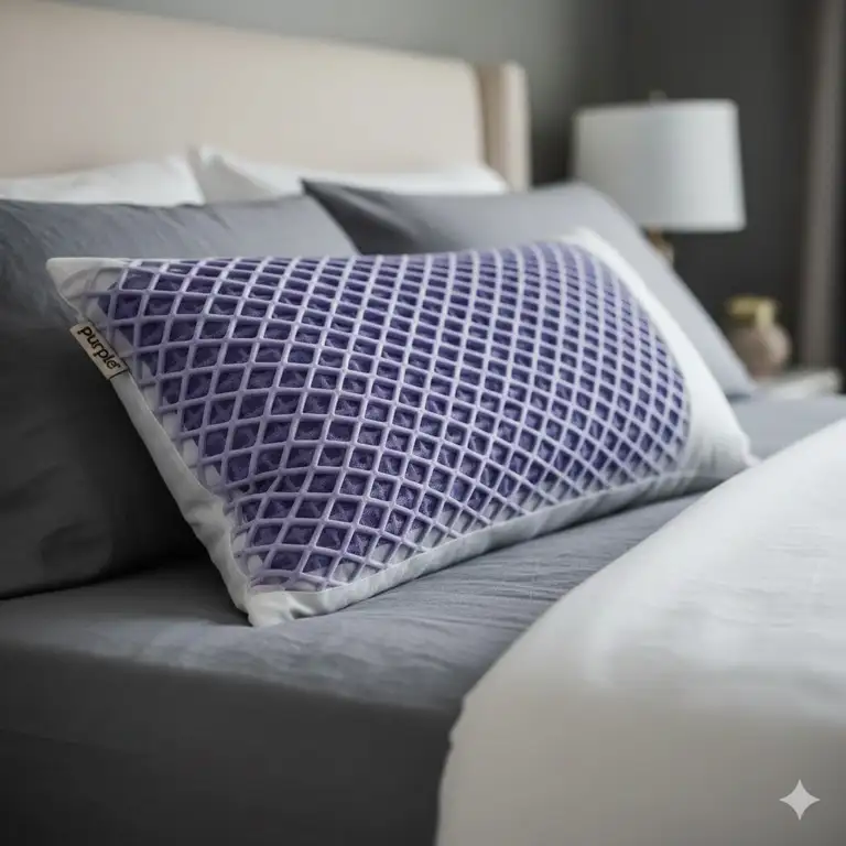 Close-up shot of the Purple Harmony pillow on a bed, crucial for this Purple Harmony pillow review.