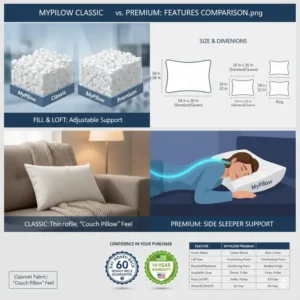 Close-up view demonstrating the proprietary fill and loft of both models in the MyPillow classic vs premium comparison.