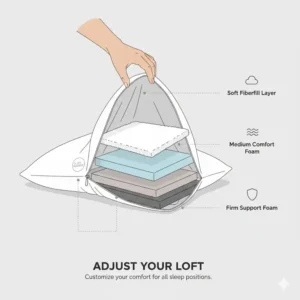 An illustration showing the layers of the Sleep Number pillow adjustable loft separated to demonstrate its customizable height feature.