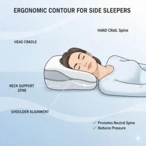 Diagram illustrating the ergonomic contour of the Tempur-Pedic pillow side sleeper, supporting the head, neck, and shoulders.
