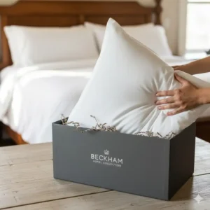 Photo showing the secure and elegant packaging of the pillow upon unboxing, as discussed in the Beckham Hotel Collection pillow reviews.
