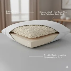 Diagram or cutaway showing the inner components of the Saatva pillow luxury option, highlighting the adjustable shredded latex and micro-denier fiber core layers.