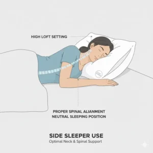 A diagram illustrating a side sleeper using the Sleep Number pillow adjustable loft at a high setting for proper neck alignment.
