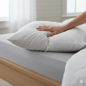 A hand pressing the pillow to demonstrate its high loft and fluffiness, a key quality noted in the Beckham Hotel Collection pillow reviews.
