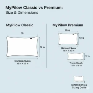 A chart illustrating the different sizes and dimensions available in the MyPillow classic vs premium comparison.