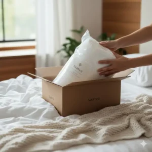 A new Saatva pillow luxury option neatly packaged and ready to be unboxed on a pristine bed.