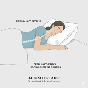 A diagram illustrating a back sleeper using the Sleep Number pillow adjustable loft at a medium setting for neutral spinal positioning.