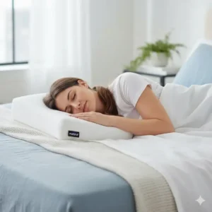 A model sleeping comfortably on their side using the pillow, a key finding of the Purple Harmony pillow review.