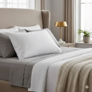 A beautiful lifestyle shot of the Saatva pillow luxury option resting on a well-dressed luxury bed, emphasizing its premium appearance and comfort.