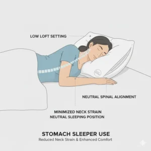 A diagram illustrating a stomach sleeper using the Sleep Number pillow adjustable loft at a low setting to minimize neck strain.