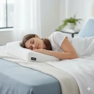 A model demonstrating sleeping on their back, supported by the pillow mentioned in the Purple Harmony pillow review.