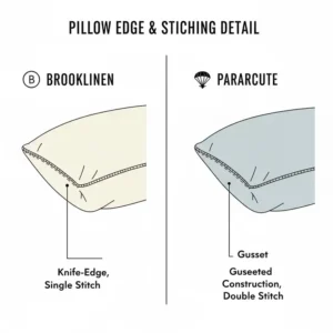 Close-up technical illustration of the gusset and edge construction of a Brooklinen pillow vs Parachute pillow.