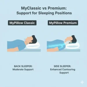 Graphic showing how the pillow supports a side sleeper, used to evaluate support in the MyPillow classic vs premium comparison.