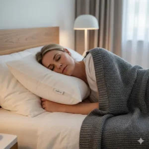 A side sleeper resting comfortably with optimal neck alignment using the supportive Saatva pillow luxury option.