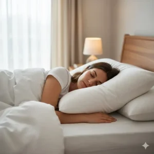 A person sleeping comfortably on their back, demonstrating the support provided by the pillow featured in Beckham Hotel Collection pillow reviews.