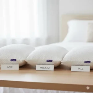 Comparison image showing the three available loft options (low, medium, and tall) for the Purple Harmony pillow review.