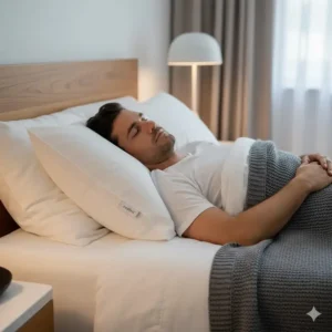 A back sleeper using the customizable Saatva pillow luxury option for balanced support and exceptional comfort.