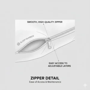 A close-up of the zipper detail on the cover of the Sleep Number pillow adjustable loft, showing ease of access to the internal layers.