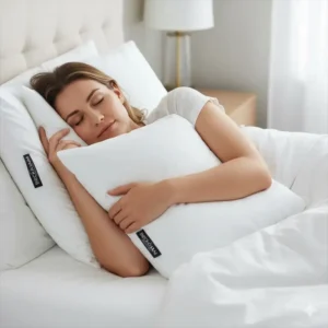 Image showing a side sleeper using the pillow, highlighting how it maintains neck and spinal alignment, a crucial point in Beckham Hotel Collection pillow reviews.