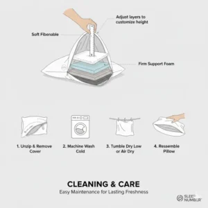 An infographic showing the cleaning and maintenance instructions for the Sleep Number pillow adjustable loft with its removable, washable cover.