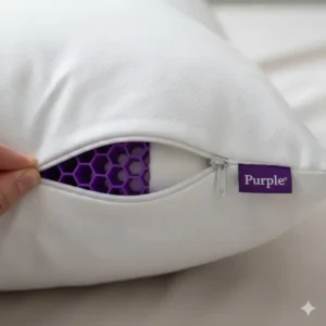Close-up of the smooth, zippered pillow cover, useful information for any Purple Harmony pillow review.