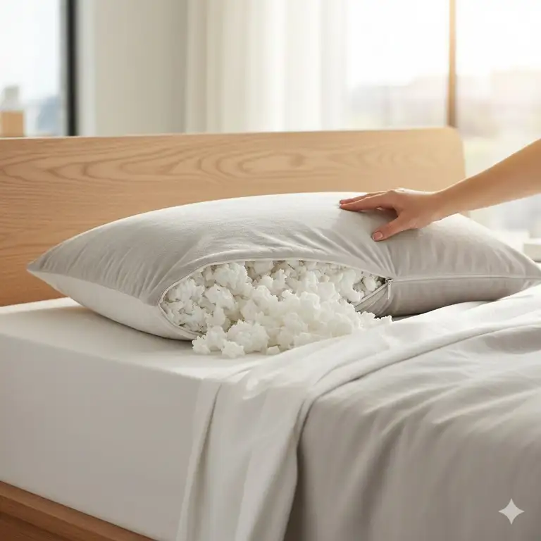 A premium adjustable loft pillow shredded foam displayed on a modern bed with a wooden headboard.
