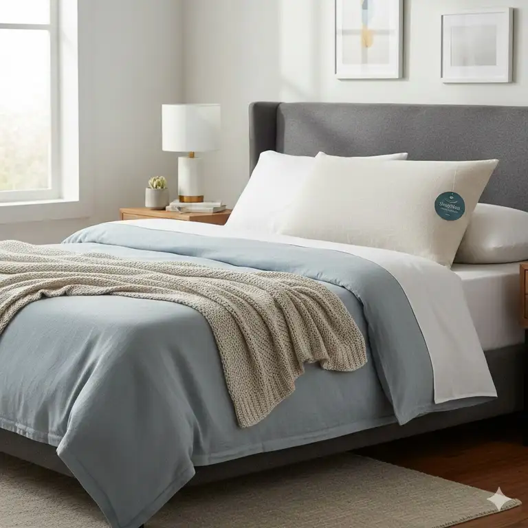 A cozy bedroom setting featuring a budget-friendly pillow with good support on a modern bed.