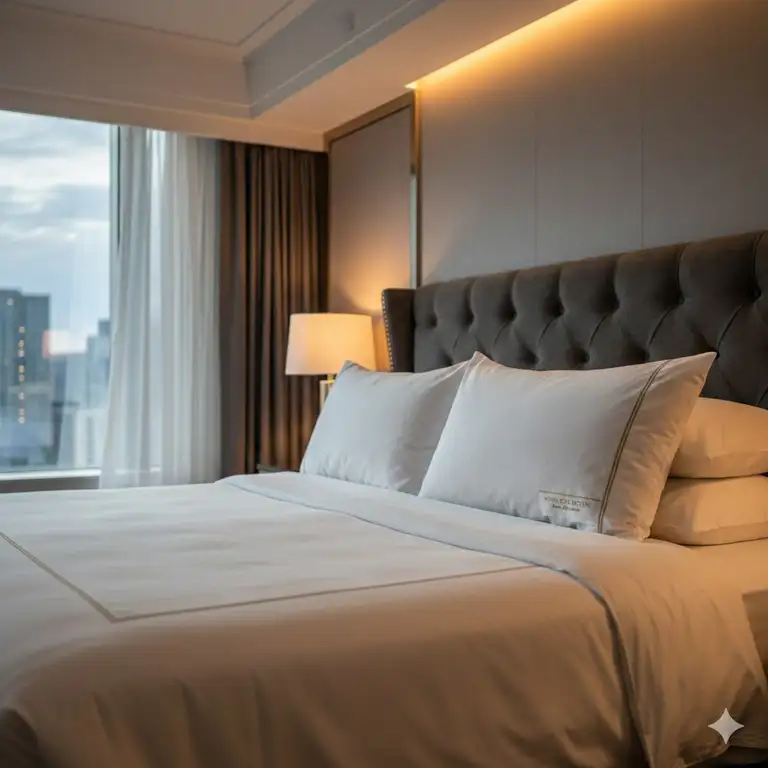 Luxury bedding setup featuring a plush hotel collection pillow with down alternative on a king-size bed