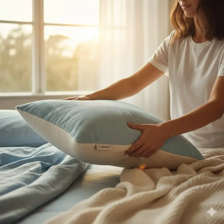 A high-quality lifestyle photo of a dual-sided pillow cooling and warm showing both the summer and winter sides.