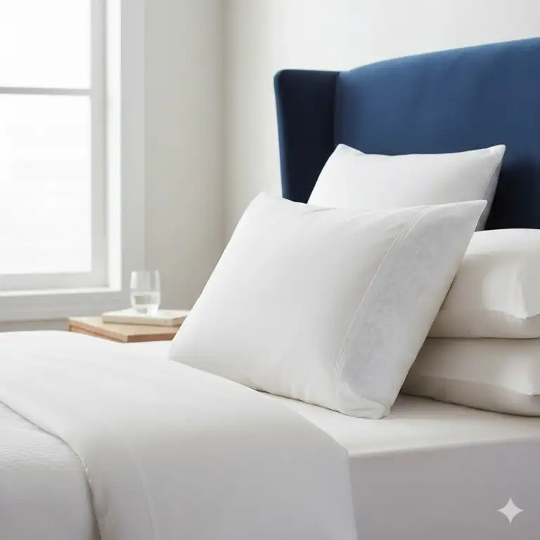 A luxury bedroom setting featuring a premium pillow with gusseted edges better airflow for a comfortable sleep.