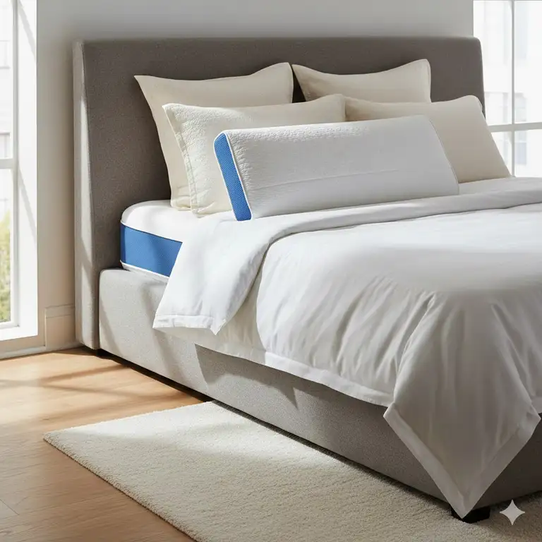 A premium bedroom setting featuring a pillow with built-in cooling technology on a modern bed.