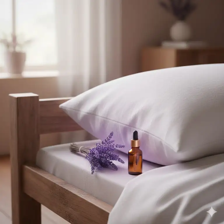 A plush white pillow resting on a wooden bed frame next to a bundle of fresh lavender and an essential oil bottle, illustrating the use of a pillow with lavender scent for relaxation.