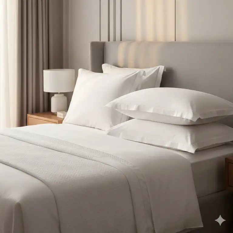 A luxury bedroom setup featuring a premium hotel pillow for home use on a white bed.