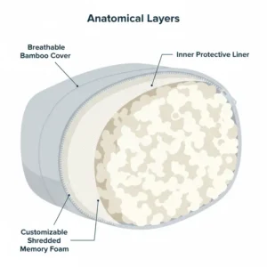 An anatomical diagram showing the inner layers and fill of an adjustable loft pillow shredded foam.