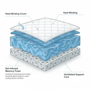 Technical diagram showing the multi-layer construction of a pillow with built-in cooling technology.
