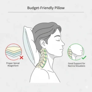 An anatomical diagram showing how a budget-friendly pillow with good support aligns the neck and spine.