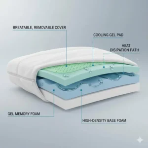 Internal layers showing the gel memory foam of a cooling pillow with removable cover.
