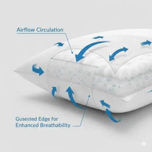Airflow circulation diagram showing how a pillow with gusseted edges better airflow keeps the head cool.