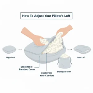 A person's hands removing filling to customize the height of an adjustable loft pillow shredded foam.