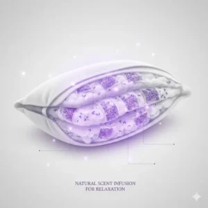 An illustration showing the interior layers of a pillow with lavender scent for relaxation, with real dried lavender flowers tucked inside for natural scent diffusion.