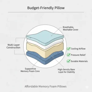 A detailed cross-section of the internal foam layers of a budget-friendly pillow with good support.