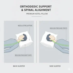 Diagram showing proper spinal alignment when using a premium hotel pillow for home use.