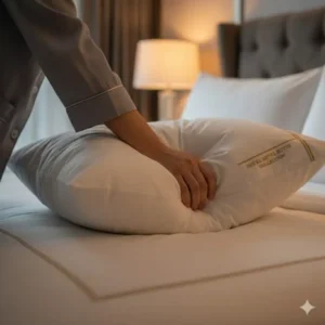A person testing the loft and responsiveness of a hotel collection pillow with down alternative.