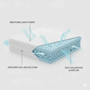 Diagram illustrating the breathable airflow of a cooling pillow with removable cover.