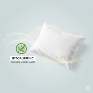 Graphic highlighting the hypoallergenic and dust mite resistant properties of a hotel collection pillow with down alternative.
