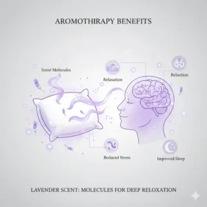 A diagram showing scent molecules from a pillow with lavender scent for relaxation interacting with the senses to promote deep relaxation and stress relief.