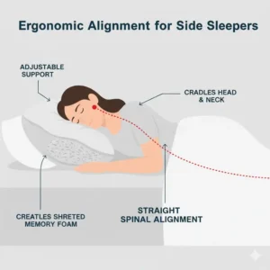 Demonstration of perfect spinal alignment for side sleepers using an adjustable loft pillow shredded foam.