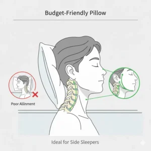 A side sleeper resting comfortably on a budget-friendly pillow with good support to relieve shoulder pressure